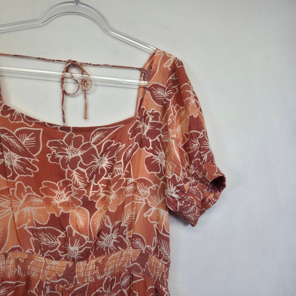 Roxy Dress Womens XL Orange Floral Smocked Hawaiian Beach Backless Flowy Midi - Picture 14 of 16